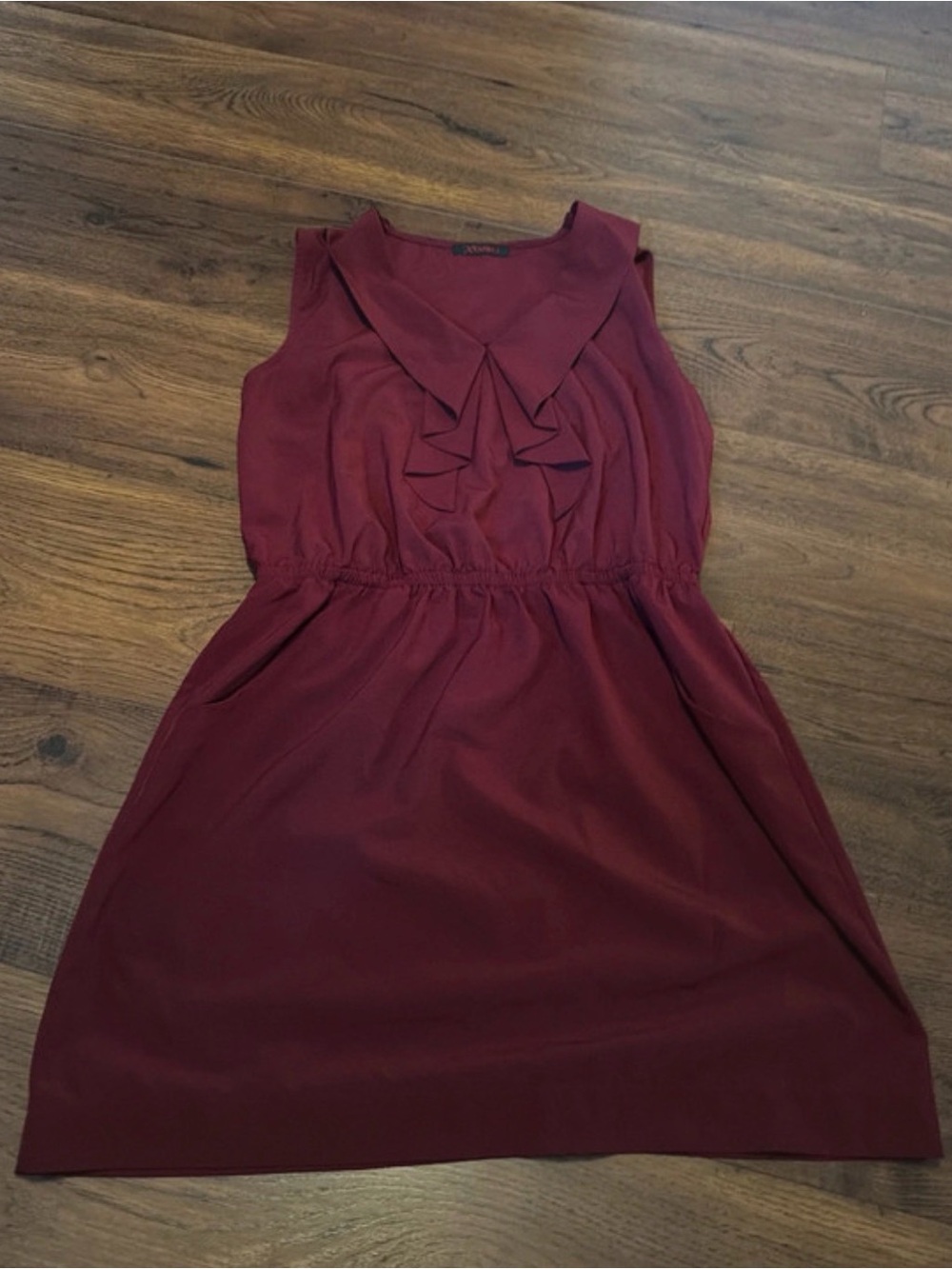 Xtaren Sleeveless Ruffle-Front Wine Dress